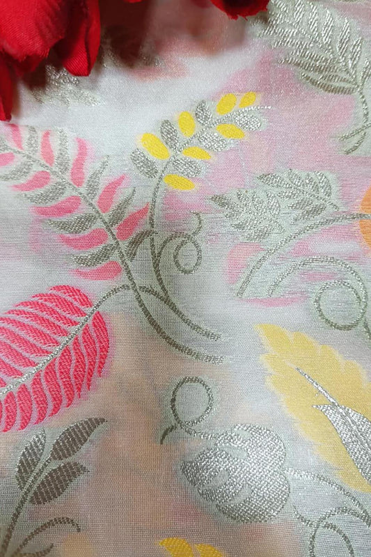 Multicolor Handloom Banarasi Silk Flower Design Meenakari Fabric ( 2.5 Mtr ) - Luxurion World