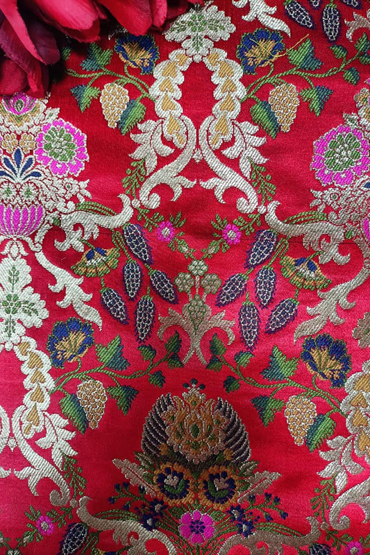 Red Handloom Banarasi Kimkhwab Silk Meenakari Flower Design Fabric ( 2.5 Mtr ) - Luxurion World