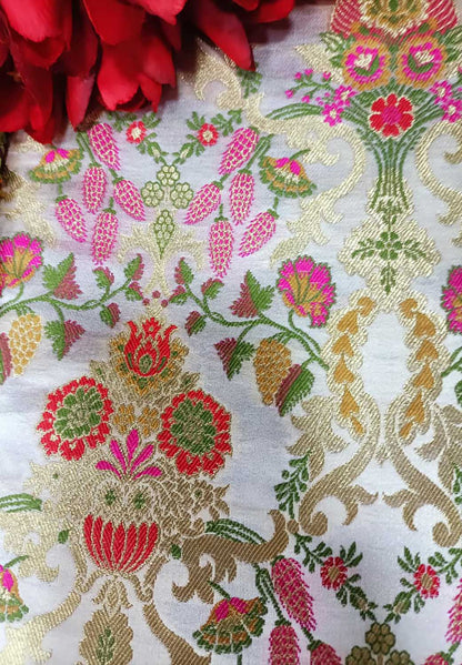 Pastel Handloom Banarasi Kimkhwab Silk Meenakari Flower Design Fabric ( 2.5 Mtr ) - Luxurion World