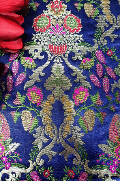 Blue Handloom Banarasi Kimkhwab Silk Meenakari Flower Design Fabric ( 2.5 Mtr ) - Luxurion World