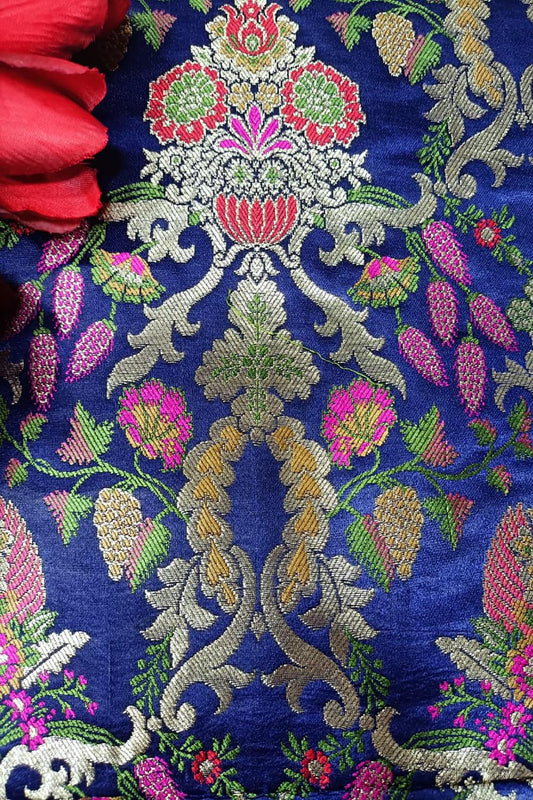 Blue Handloom Banarasi Kimkhwab Silk Meenakari Flower Design Fabric ( 2.5 Mtr ) - Luxurion World