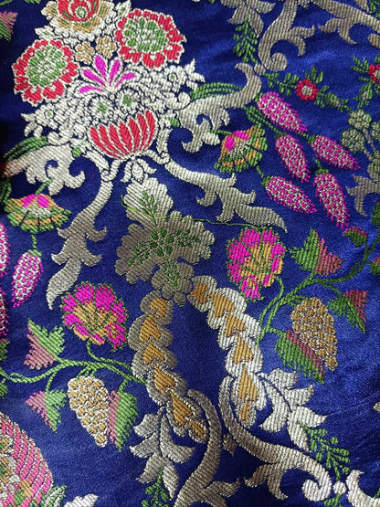 Blue Handloom Banarasi Kimkhwab Silk Meenakari Flower Design Fabric ( 2.5 Mtr ) - Luxurion World