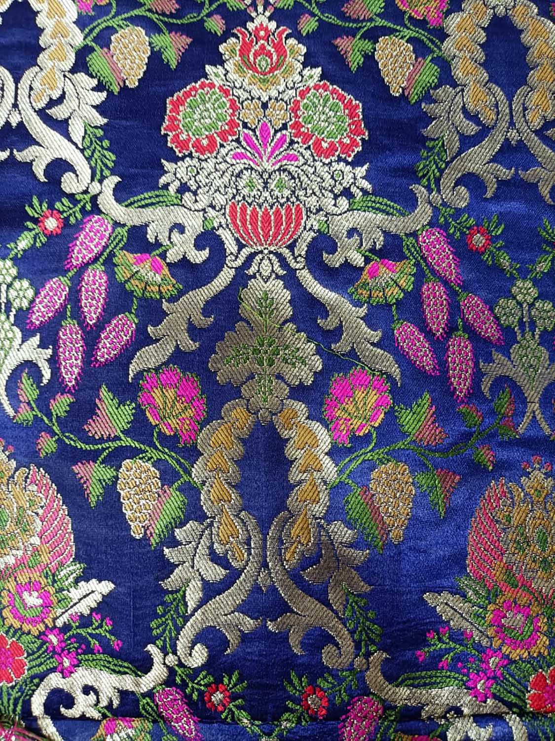Blue Handloom Banarasi Kimkhwab Silk Meenakari Flower Design Fabric ( 2.5 Mtr ) - Luxurion World