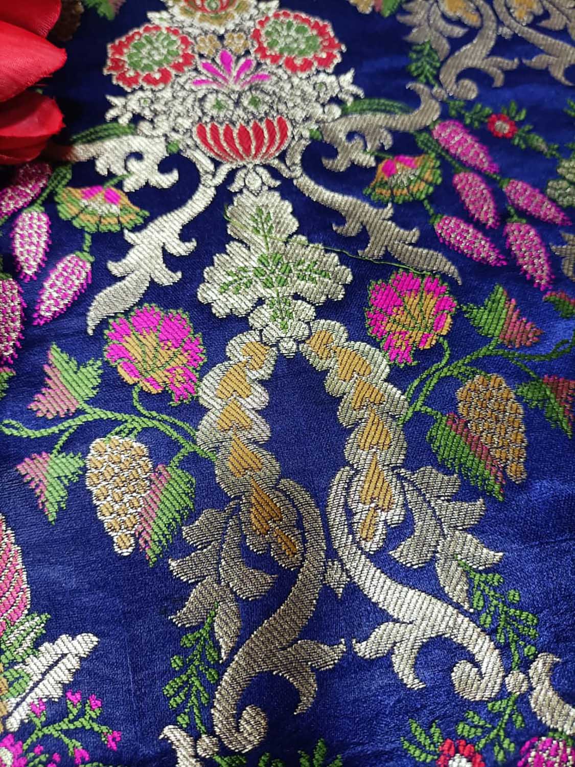 Blue Handloom Banarasi Kimkhwab Silk Meenakari Flower Design Fabric ( 2.5 Mtr ) - Luxurion World