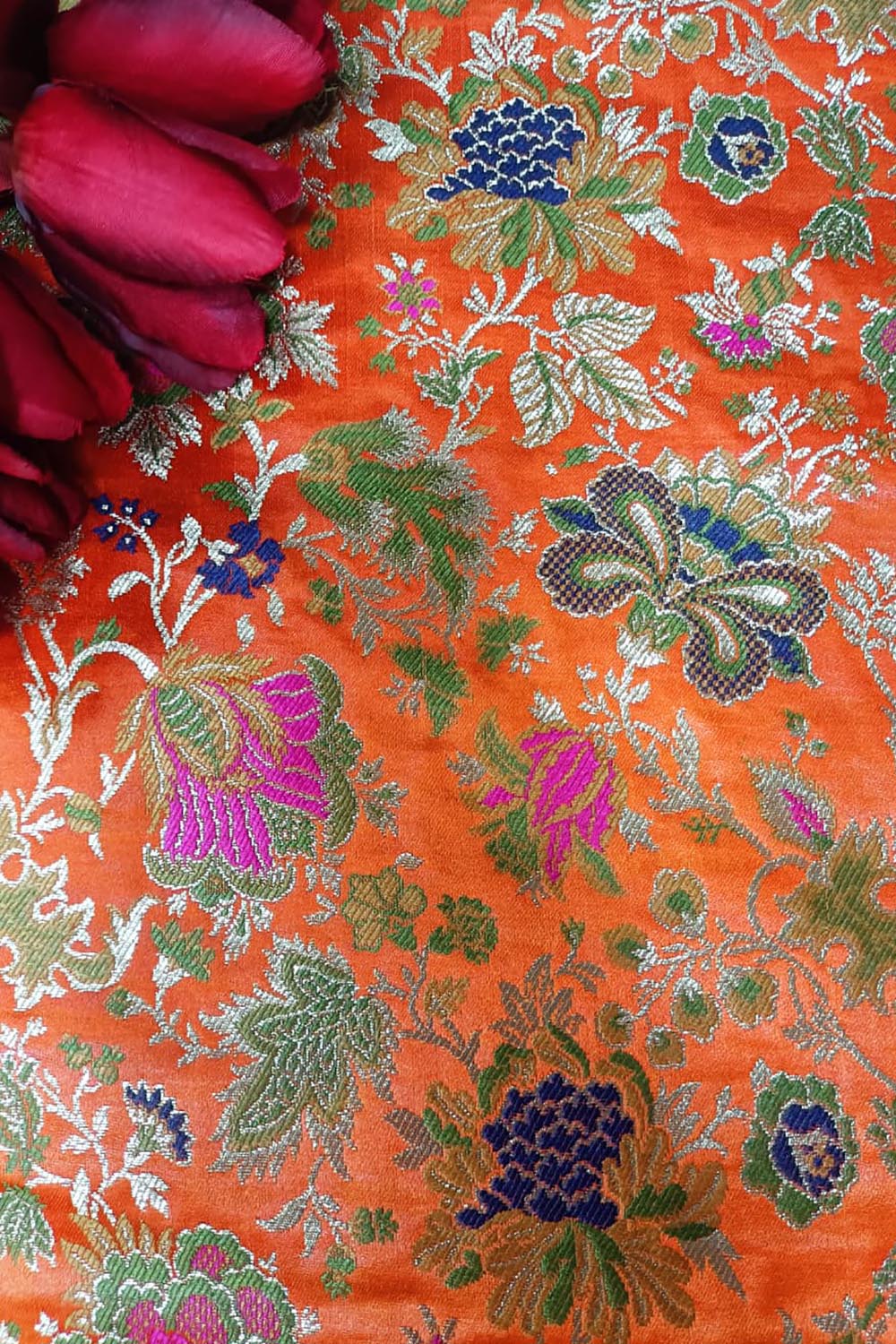 Orange Handloom Banarasi Kimkhwab Silk Meenakari Flower Design Fabric ( 2.5 Mtr ) - Luxurion World