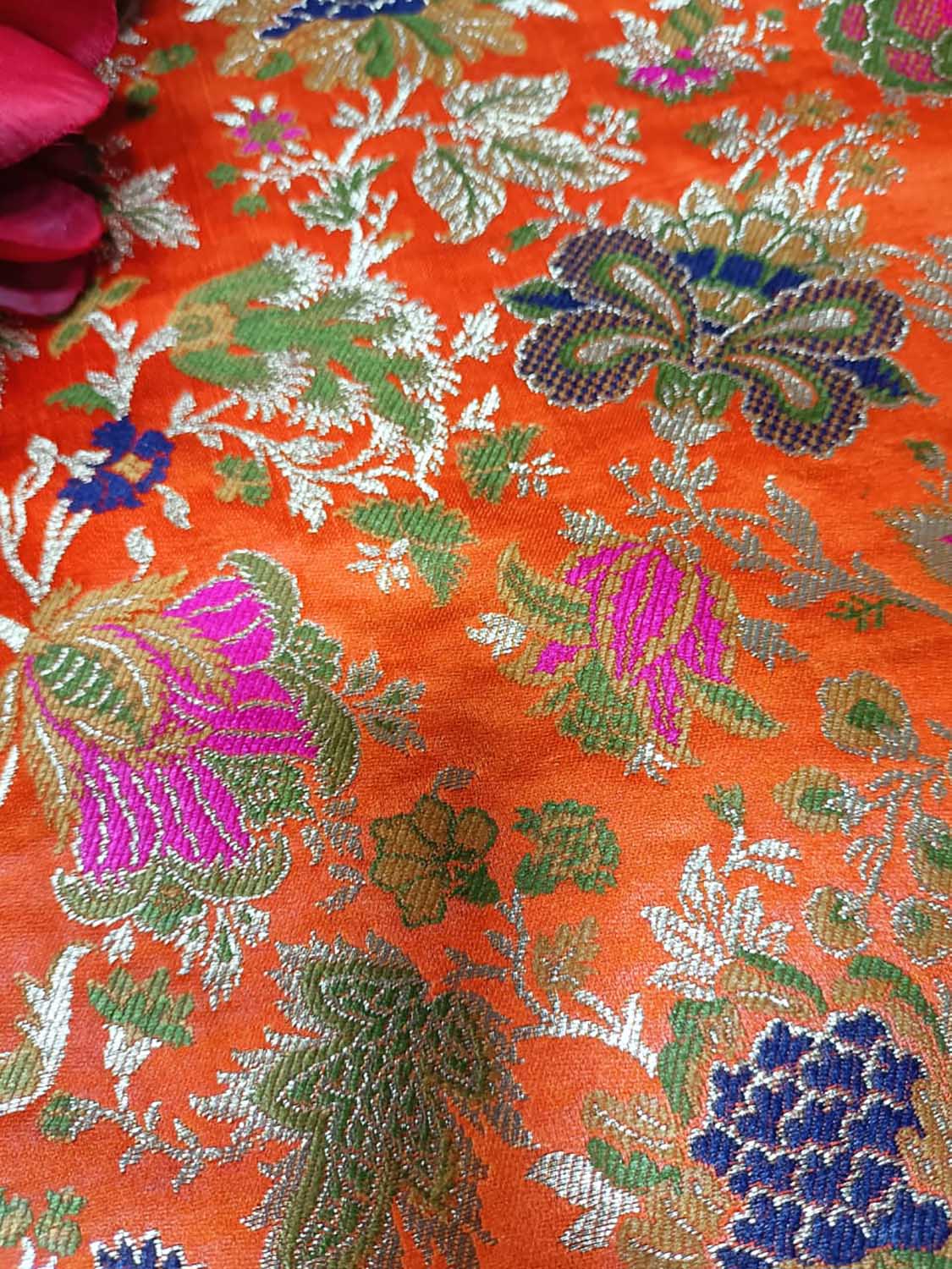 Orange Handloom Banarasi Kimkhwab Silk Meenakari Flower Design Fabric ( 2.5 Mtr ) - Luxurion World