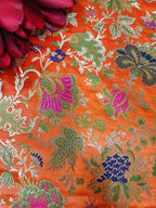 Orange Handloom Banarasi Kimkhwab Silk Meenakari Flower Design Fabric ( 2.5 Mtr ) - Luxurion World