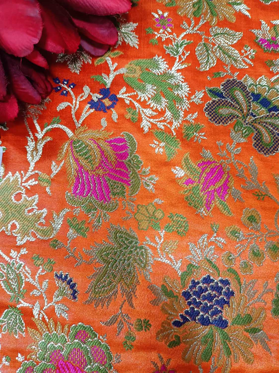 Orange Handloom Banarasi Kimkhwab Silk Meenakari Flower Design Fabric ( 2.5 Mtr ) - Luxurion World