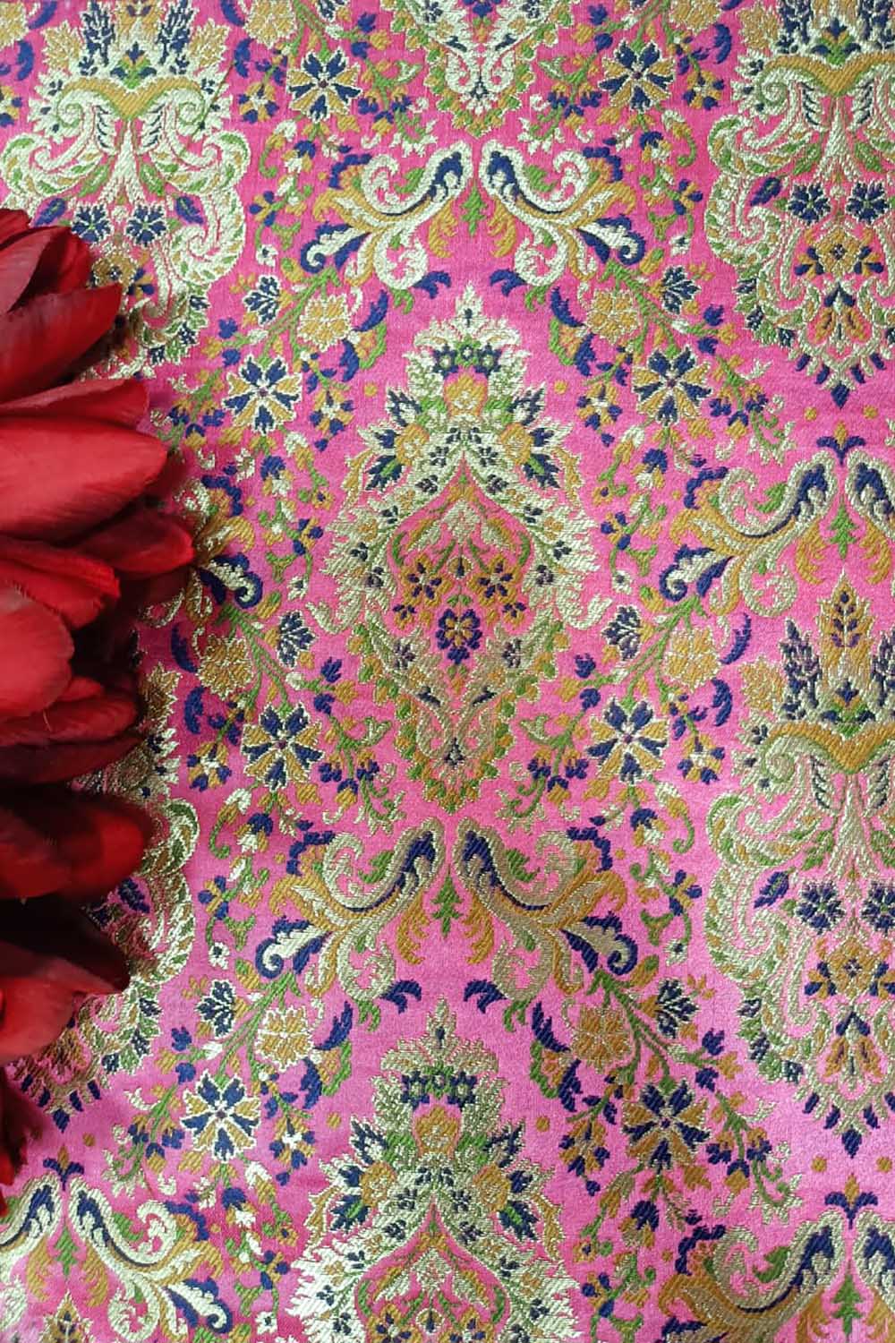 Pink Handloom Banarasi Kimkhwab Silk Meenakari Flower Design Fabric ( 2.5 Mtr ) - Luxurion World