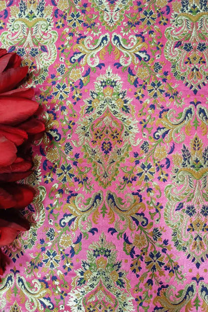 Pink Handloom Banarasi Kimkhwab Silk Meenakari Flower Design Fabric ( 2.5 Mtr ) - Luxurion World
