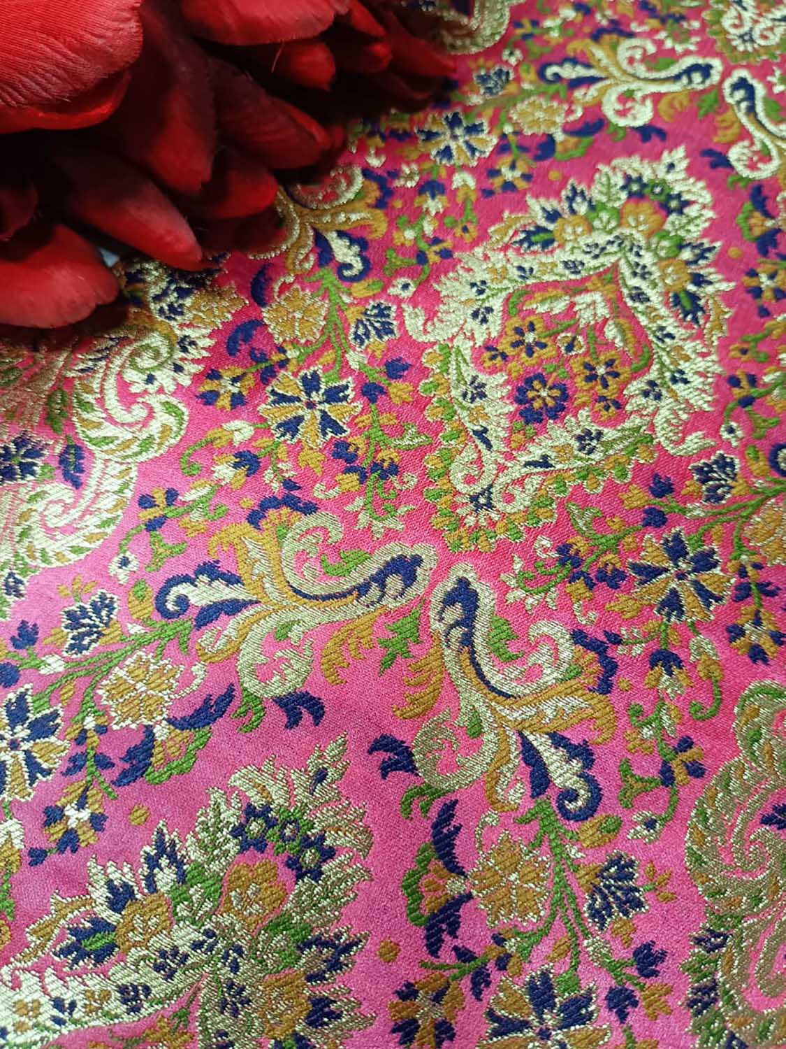 Pink Handloom Banarasi Kimkhwab Silk Meenakari Flower Design Fabric ( 2.5 Mtr ) - Luxurion World