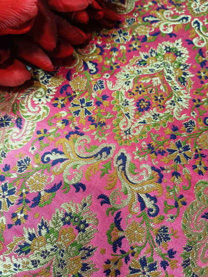 Pink Handloom Banarasi Kimkhwab Silk Meenakari Flower Design Fabric ( 2.5 Mtr ) - Luxurion World
