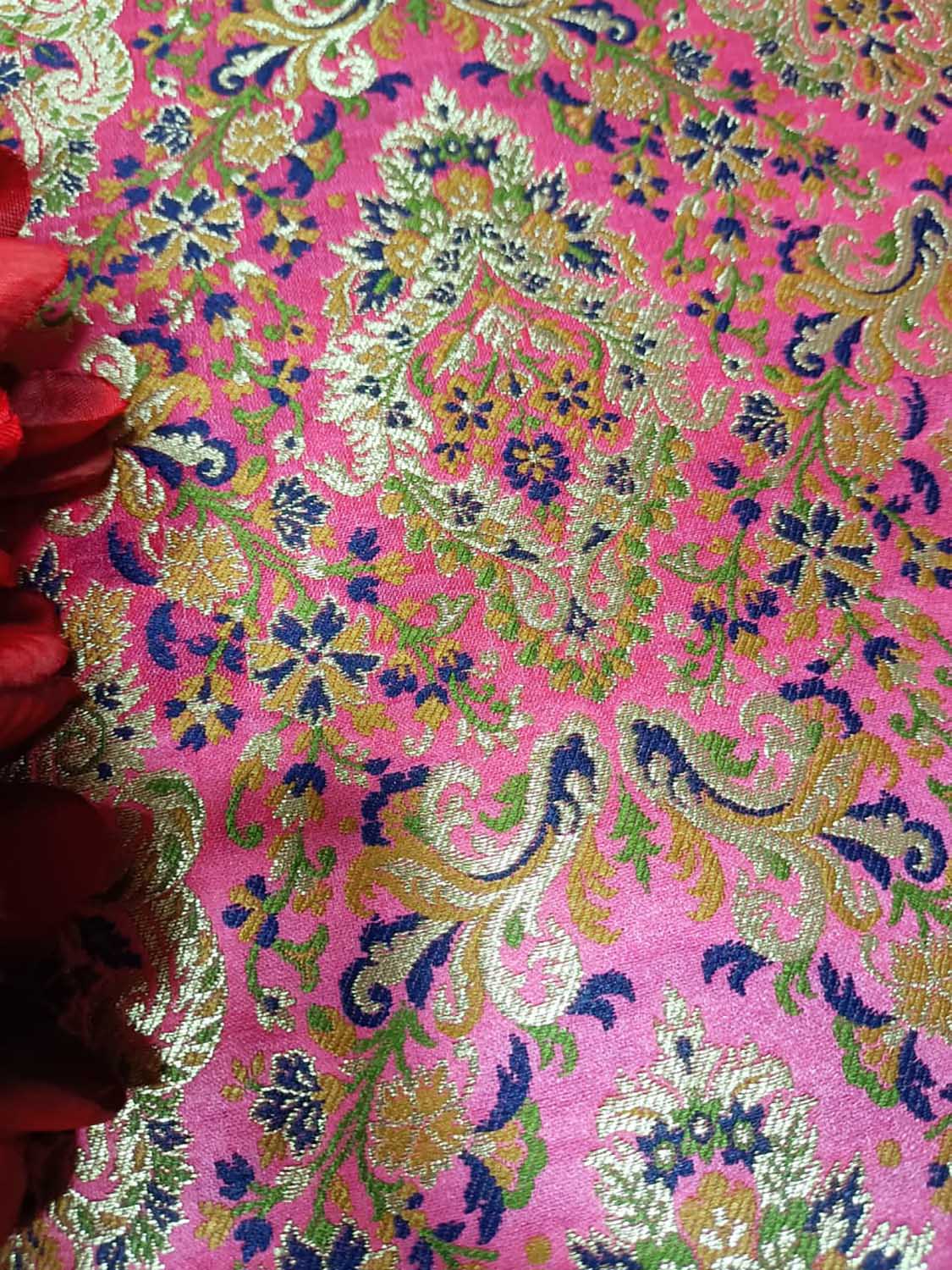Pink Handloom Banarasi Kimkhwab Silk Meenakari Flower Design Fabric ( 2.5 Mtr ) - Luxurion World