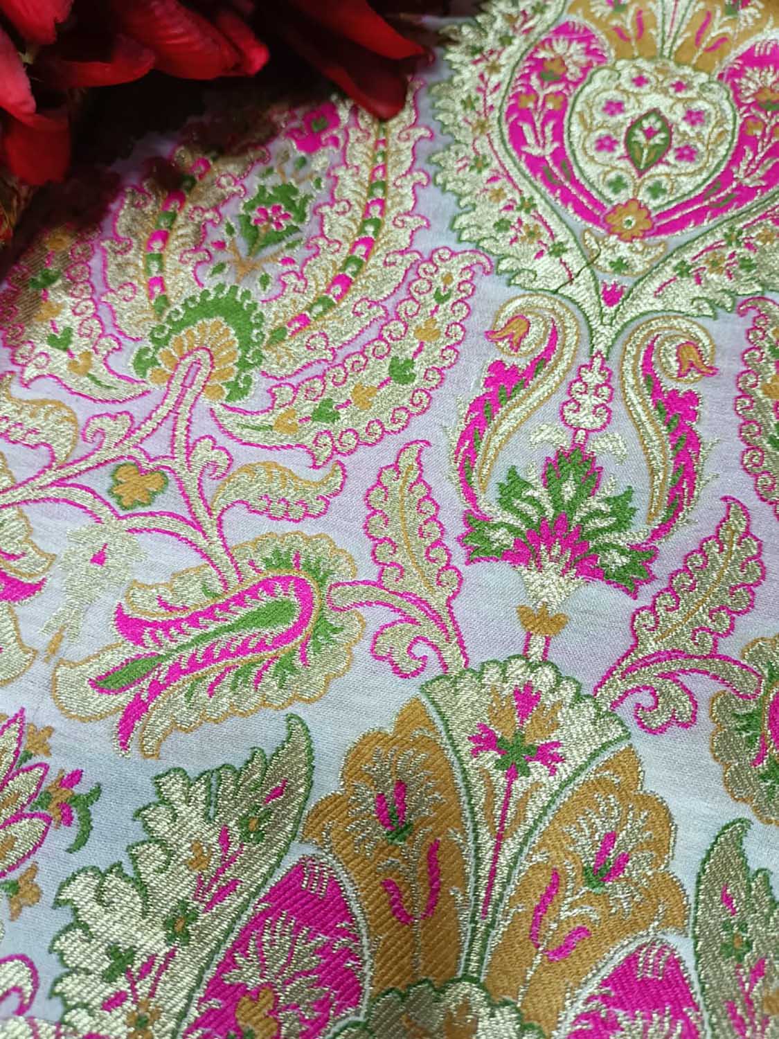 Pastel Handloom Banarasi Kimkhwab Silk Meenakari Flower Design Fabric ( 2.5 Mtr ) - Luxurion World