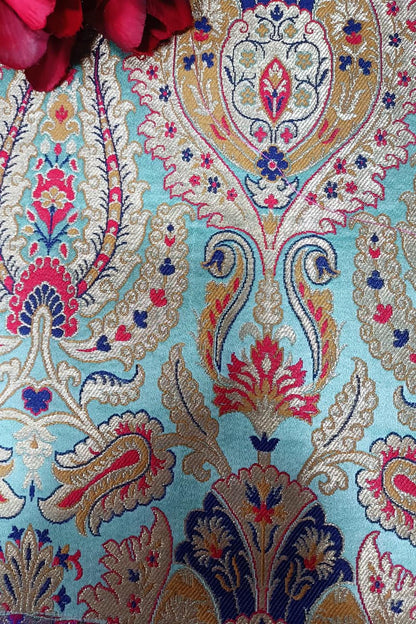 Blue Handloom Banarasi Kimkhwab Silk Meenakari Flower Design Fabric ( 2.5 Mtr ) - Luxurion World
