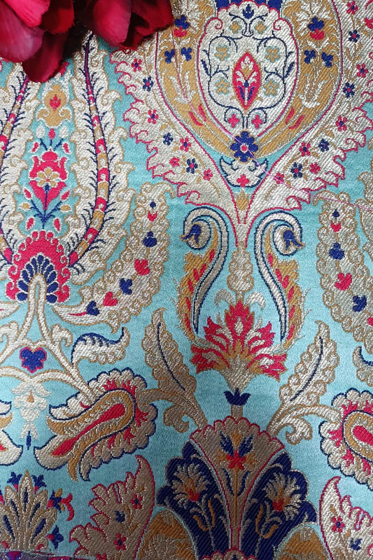 Blue Handloom Banarasi Kimkhwab Silk Meenakari Flower Design Fabric ( 2.5 Mtr ) - Luxurion World