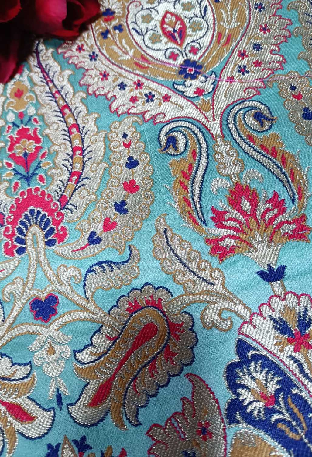 Blue Handloom Banarasi Kimkhwab Silk Meenakari Flower Design Fabric ( 2.5 Mtr ) - Luxurion World