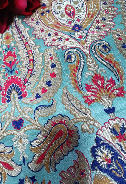 Blue Handloom Banarasi Kimkhwab Silk Meenakari Flower Design Fabric ( 2.5 Mtr ) - Luxurion World