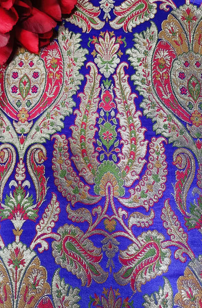 Blue Handloom Banarasi Kimkhwab Silk Meenakari Flower Design Fabric ( 2.5 Mtr ) - Luxurion World