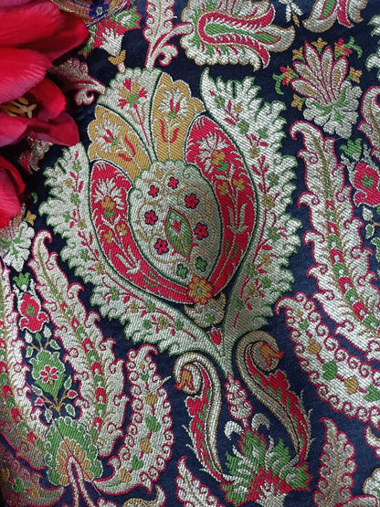 Black Handloom Banarasi Kimkhwab Silk Meenakari Flower Design Fabric ( 2.5 Mtr ) - Luxurion World