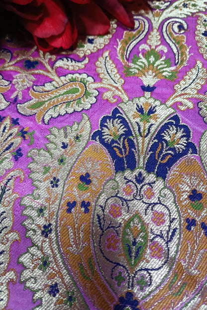Pink Handloom Banarasi Kimkhwab Silk Meenakari Flower Design Fabric ( 2.5 Mtr ) - Luxurion World