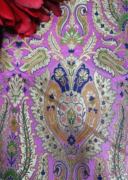 Pink Handloom Banarasi Kimkhwab Silk Meenakari Flower Design Fabric ( 2.5 Mtr ) - Luxurion World