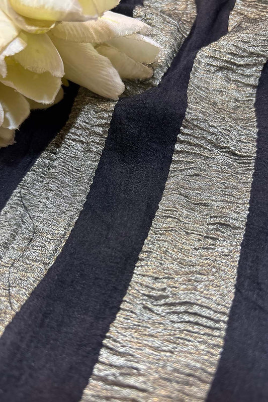 Black Handloom Banarasi Moonga Tissue Stripe Design Fabric ( 2.5 Mtr ) - Luxurion World