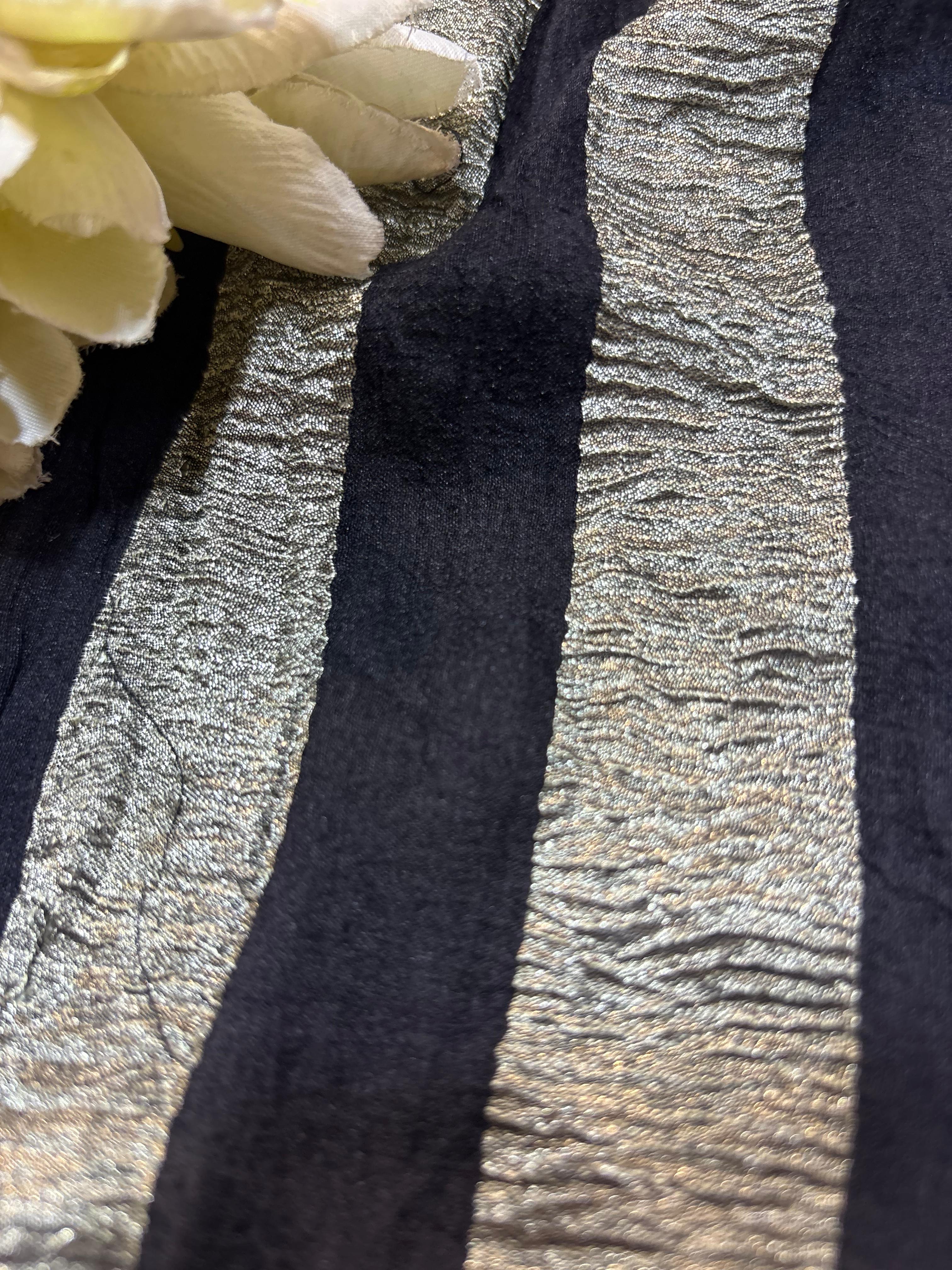 Black Handloom Banarasi Moonga Tissue Stripe Design Fabric ( 2.5 Mtr ) - Luxurion World