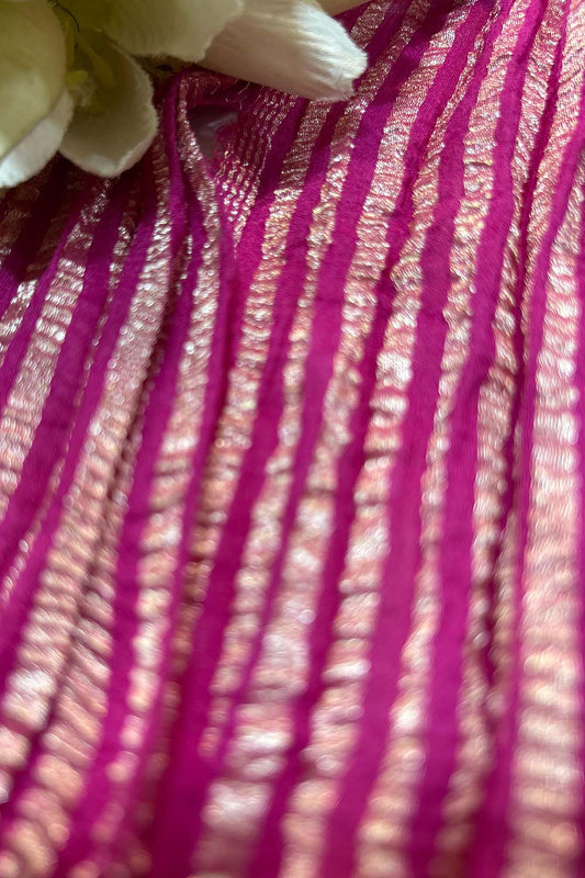 Pink Handloom Banarasi Moonga Tissue Stripe Design Fabric ( 2.5 Mtr ) - Luxurion World