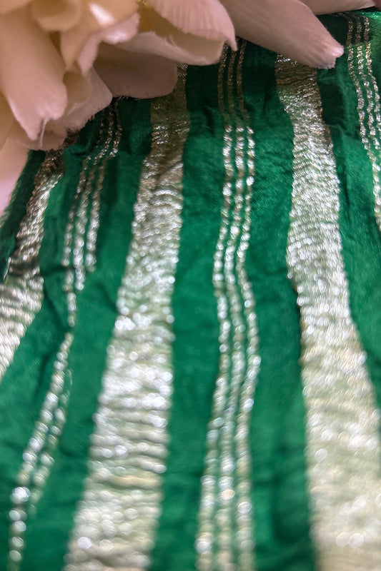 Green Handloom Banarasi Moonga Tissue Stripe Design Fabric ( 2.5 Mtr ) - Luxurion World