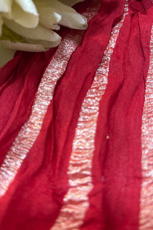 Red Handloom Banarasi Moonga Tissue Stripe Design Fabric ( 2.5 Mtr ) - Luxurion World