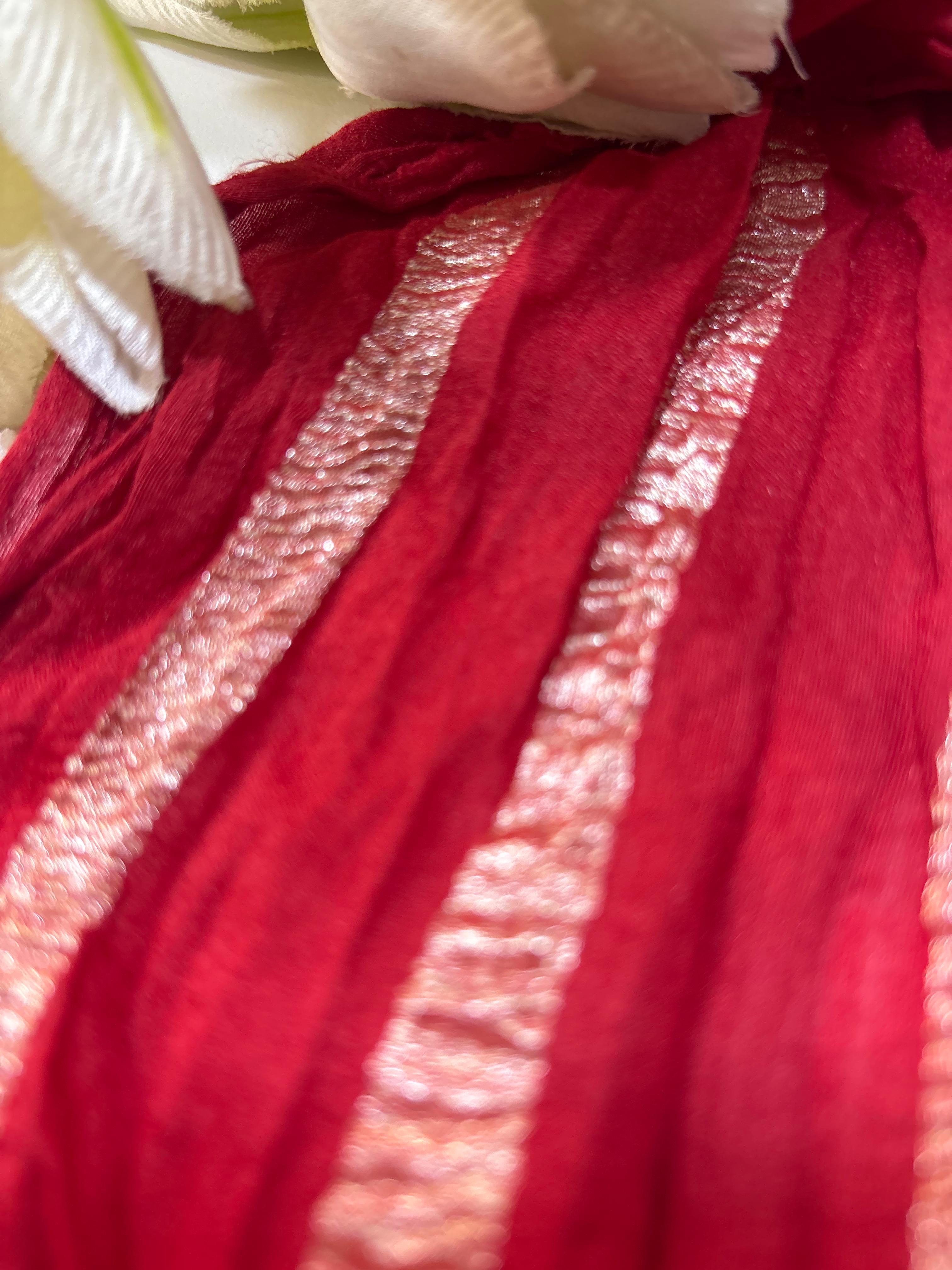 Red Handloom Banarasi Moonga Tissue Stripe Design Fabric ( 2.5 Mtr ) - Luxurion World