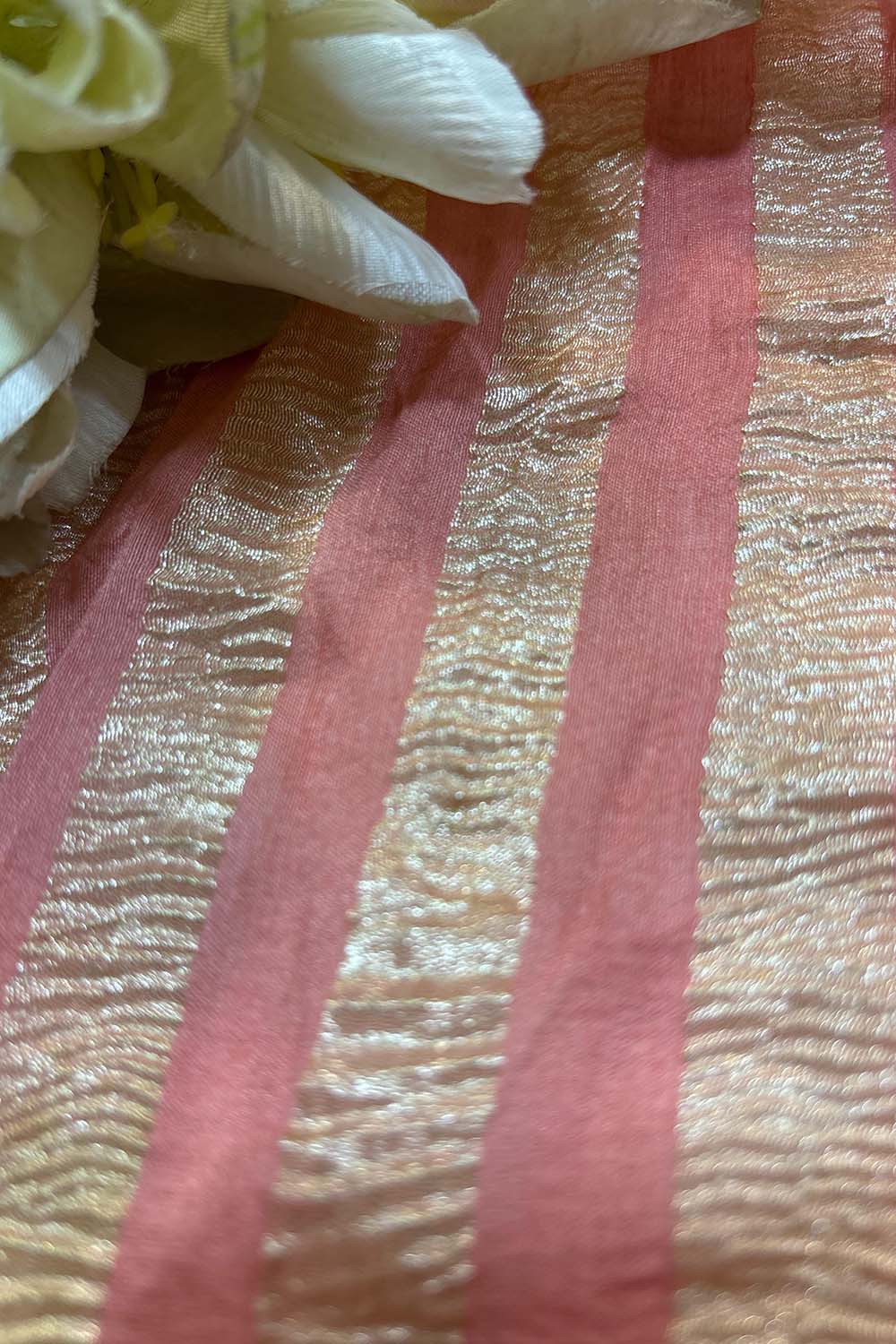 Pink Handloom Banarasi Moonga Tissue Stripe Design Fabric ( 2.5 Mtr ) - Luxurion World