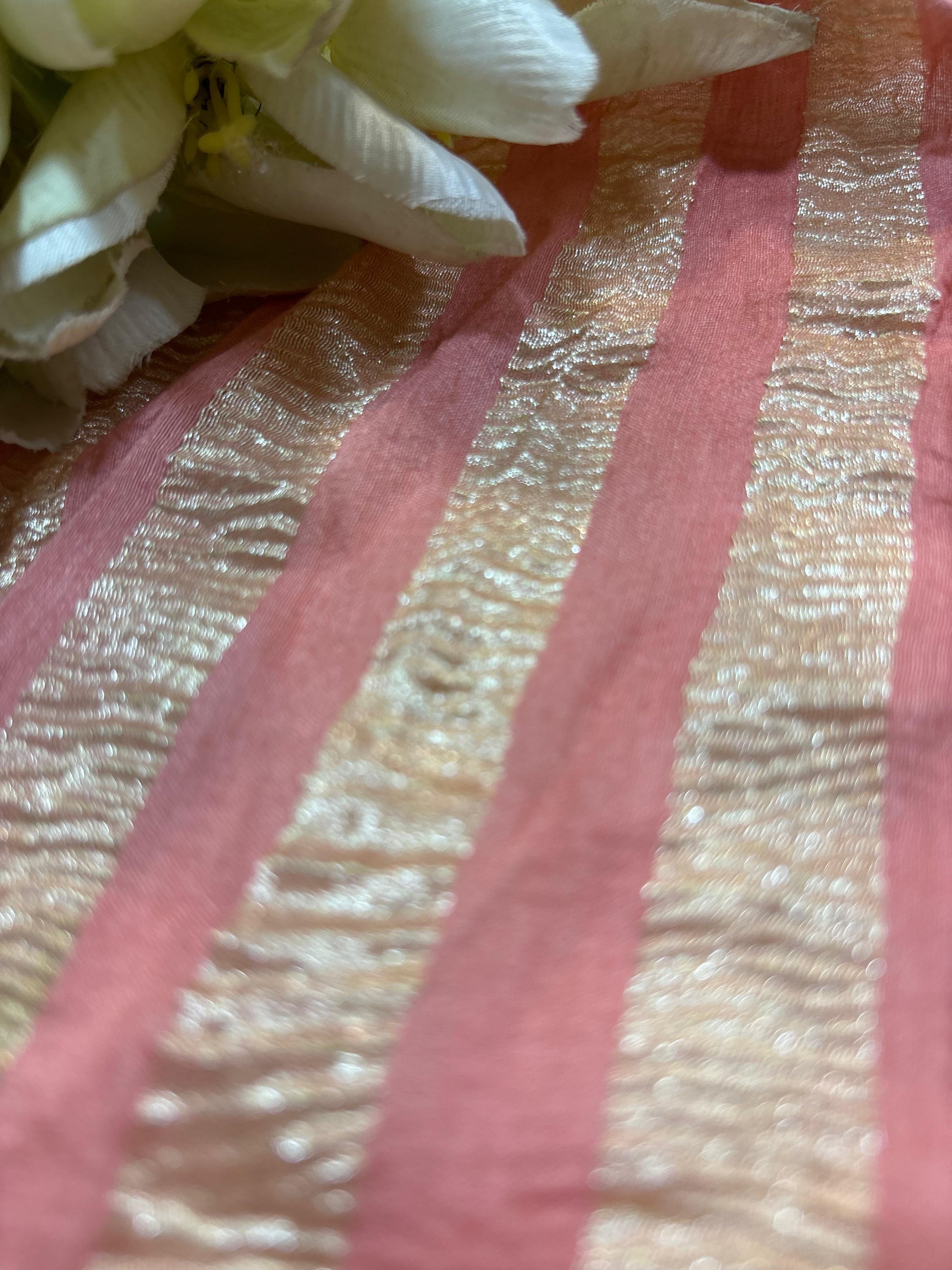 Pink Handloom Banarasi Moonga Tissue Stripe Design Fabric ( 2.5 Mtr ) - Luxurion World