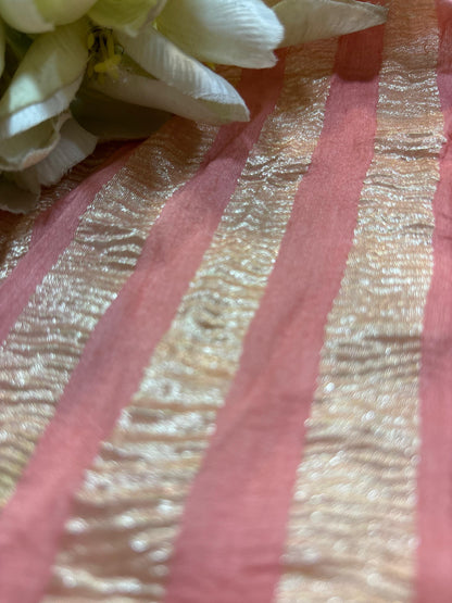 Pink Handloom Banarasi Moonga Tissue Stripe Design Fabric ( 2.5 Mtr ) - Luxurion World
