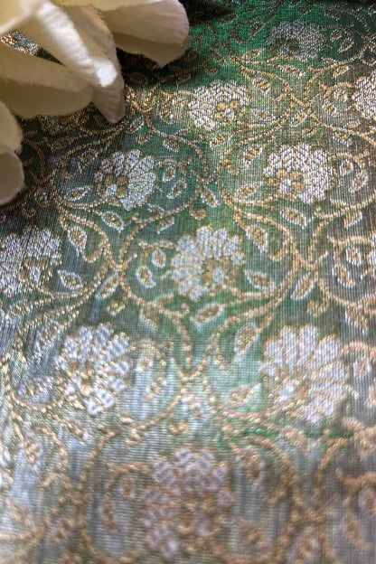 Green Handloom Banarasi Tissue Brocade Sona Roopa Flower Design Fabric ( 2.5 Mtr ) - Luxurion World