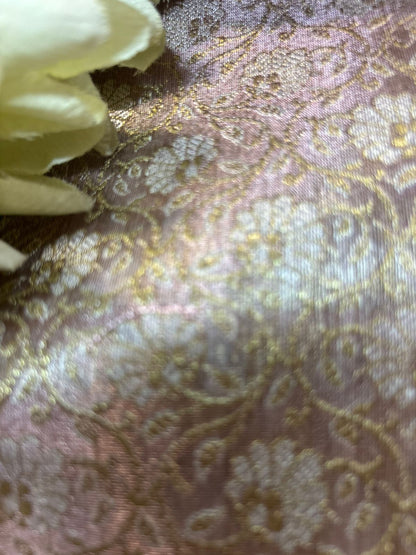 Pink Handloom Banarasi Tissue Brocade Sona Roopa Flower Design Fabric ( 2.5 Mtr ) - Luxurion World