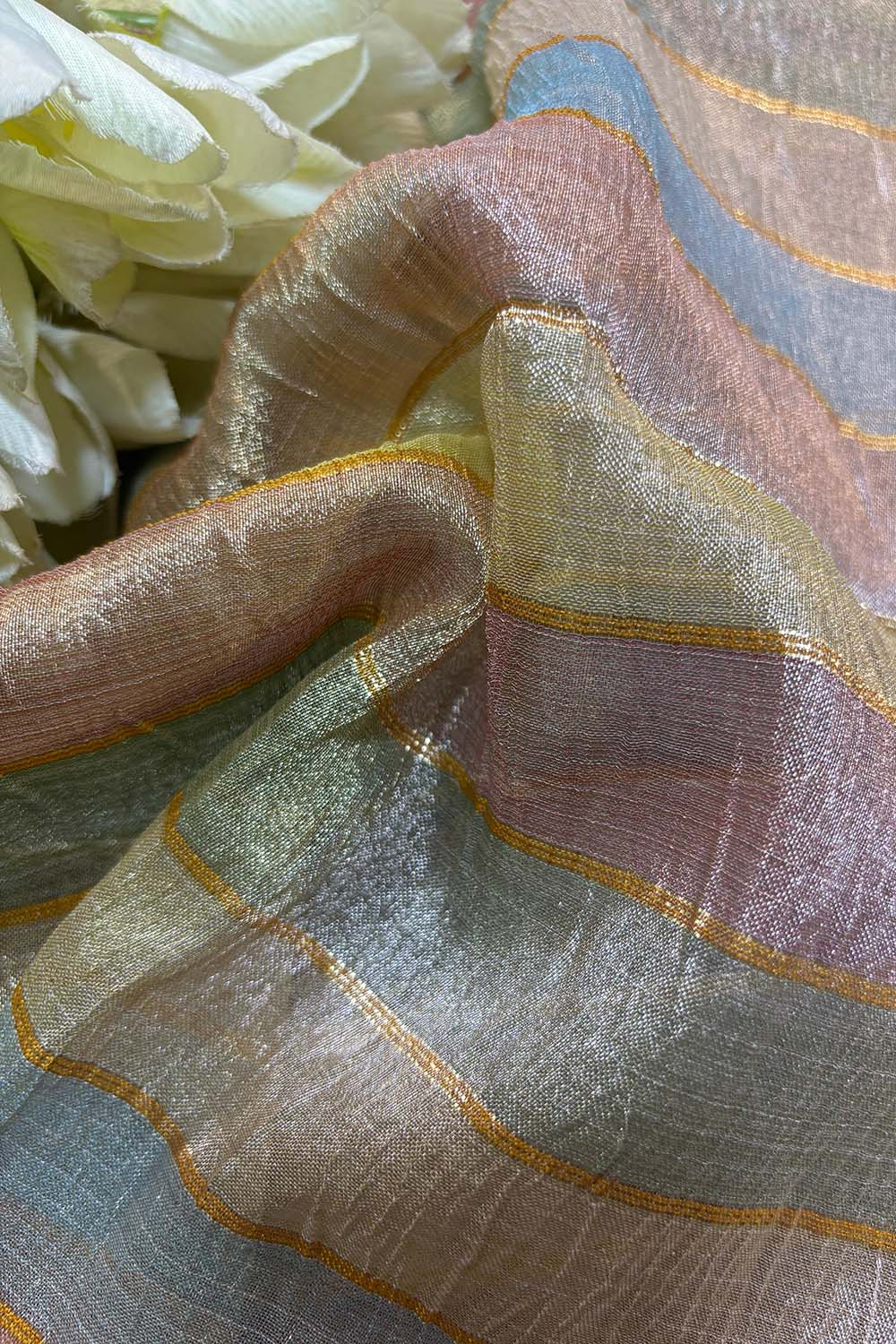 Exquisite Multicolor Handloom Banarasi Tissue Crush Fabric ( 1 Mtr ) - Luxurion World