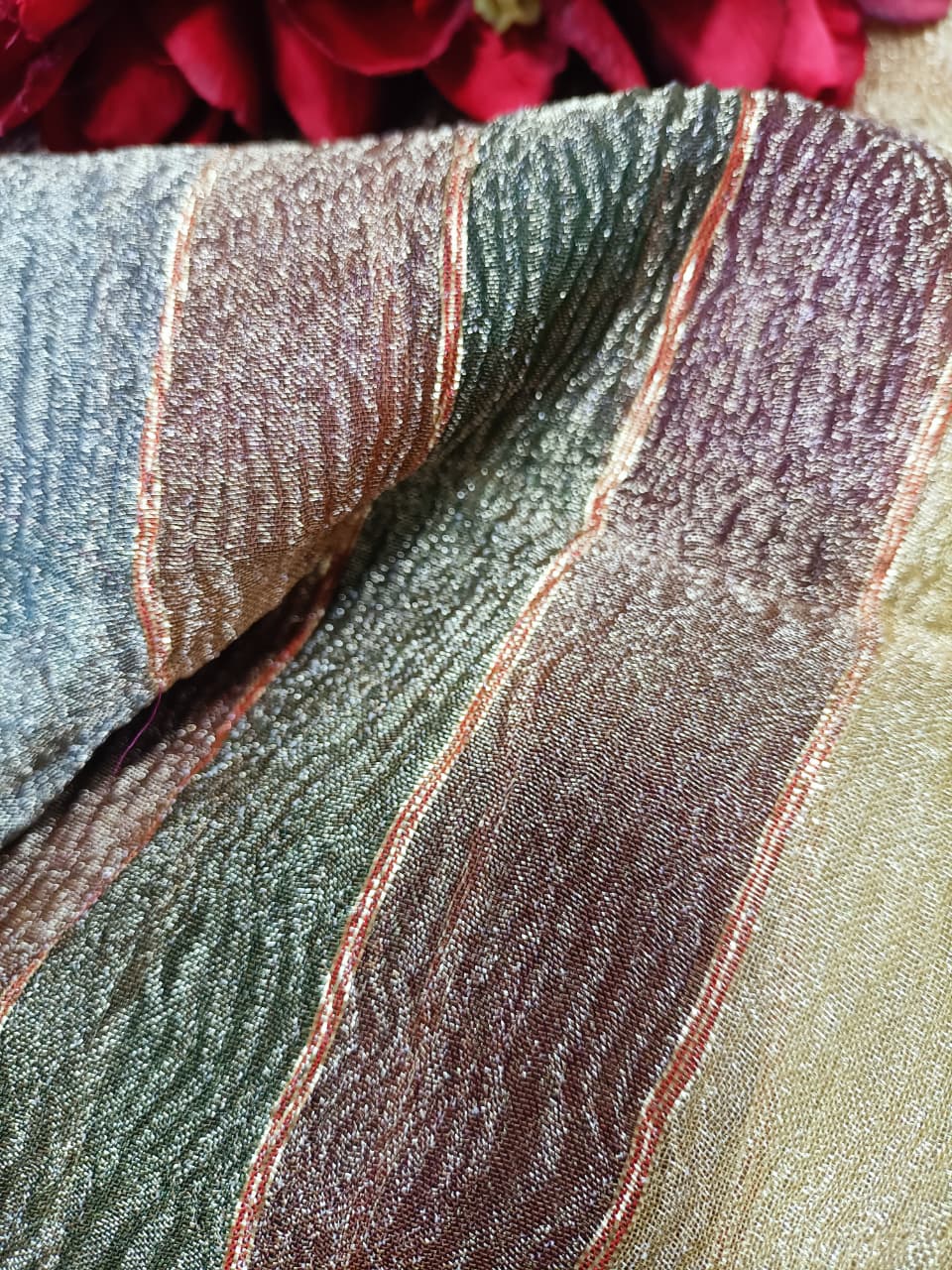 Exquisite Multicolor Handloom Banarasi Tissue Crush Fabric ( 1 Mtr ) - Luxurion World