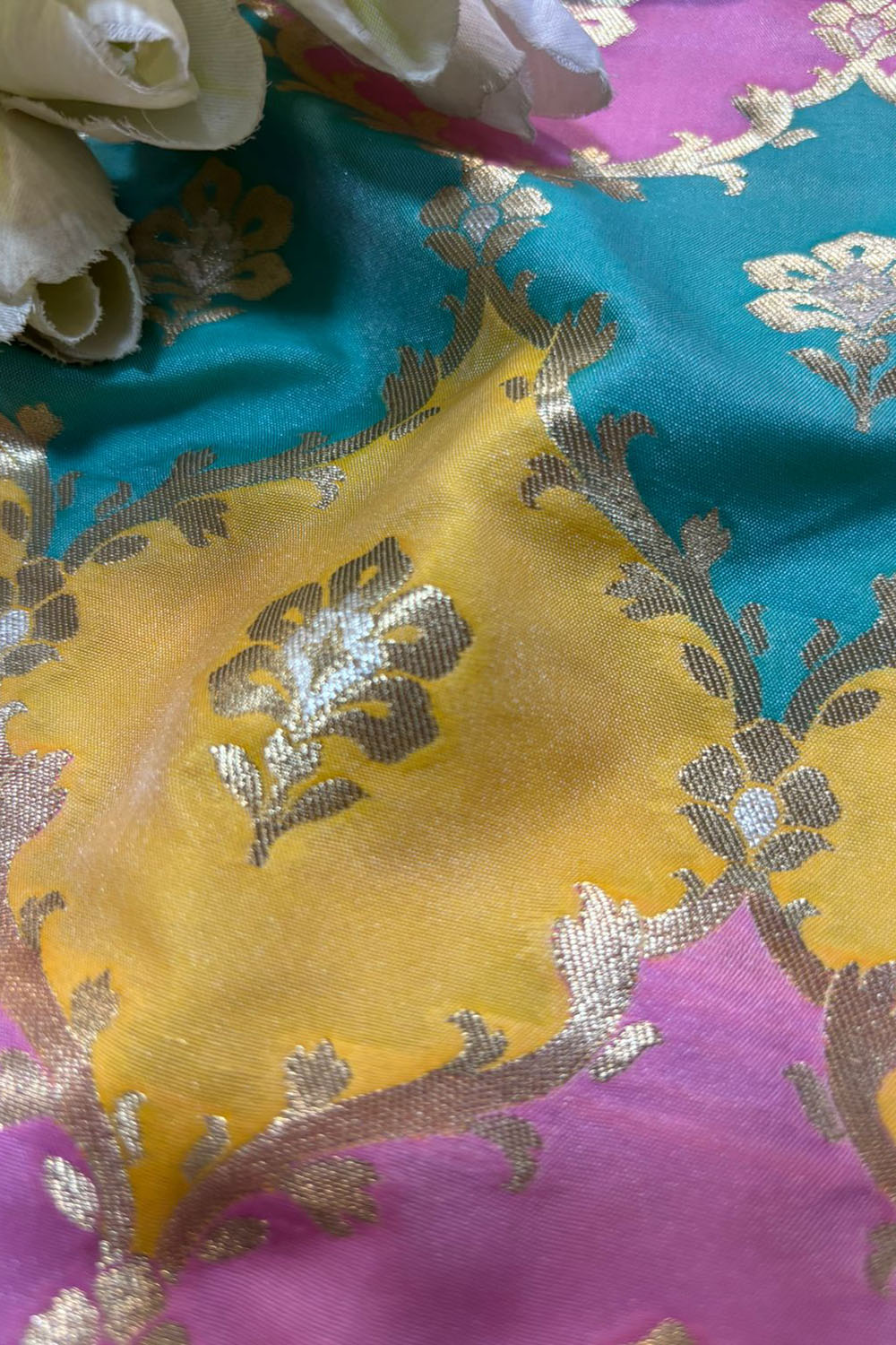 Multicolor Handloom Banarasi Silk Rangkat Fabric ( 1 Mtr ) - Luxurion World