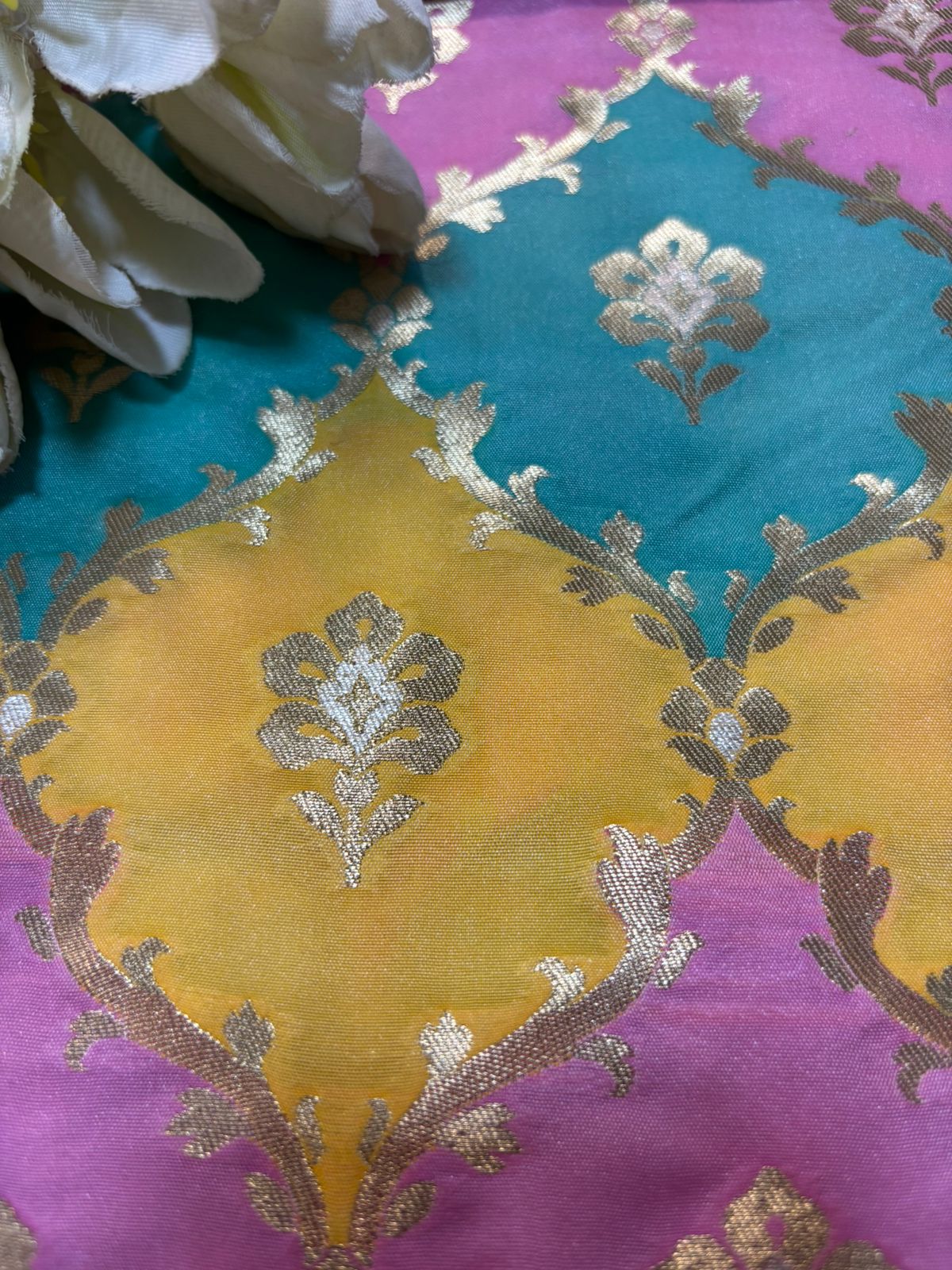 Multicolor Handloom Banarasi Silk Rangkat Fabric ( 1 Mtr ) - Luxurion World