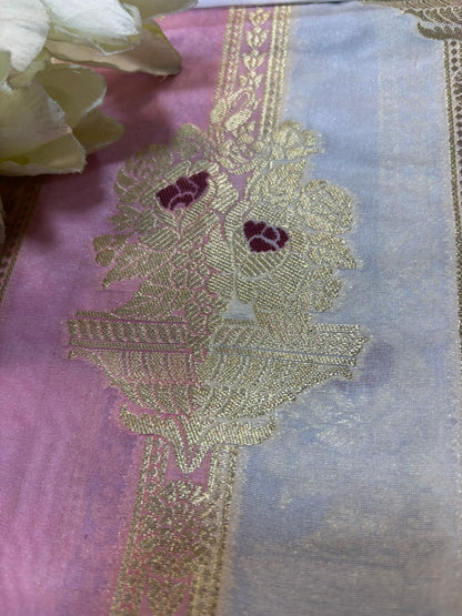 Pastel Pink Handloom Banarasi Silk Rangkat Fabric - Luxurion World