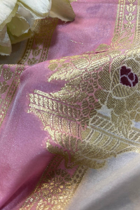 Pastel Pink Handloom Banarasi Silk Rangkat Fabric - Luxurion World