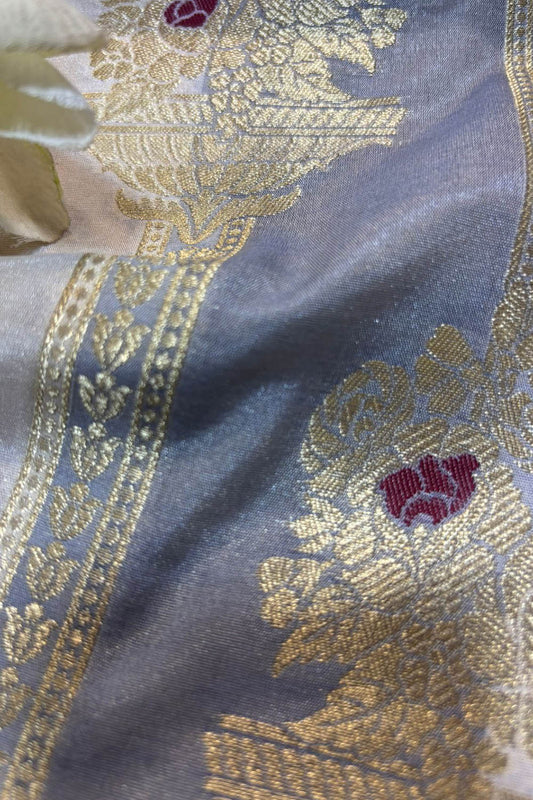 Pastel Grey Handloom Banarasi Silk Rangkat Fabric - Luxurion World