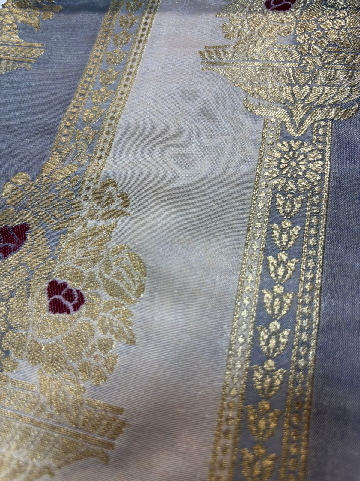 Pastel Grey Handloom Banarasi Silk Rangkat Fabric - Luxurion World