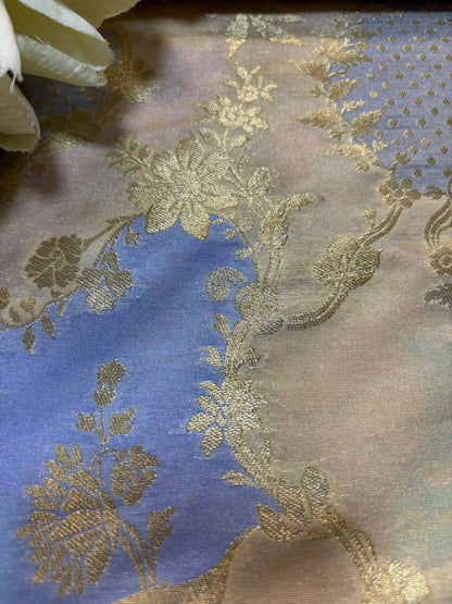 Pastel Blue Handloom Banarasi Silk Rangkat Fabric - Luxurion World