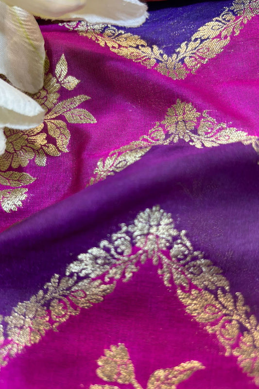 Vibrant Pink & Purple Banarasi Silk Rangkat Fabric - Luxurion World