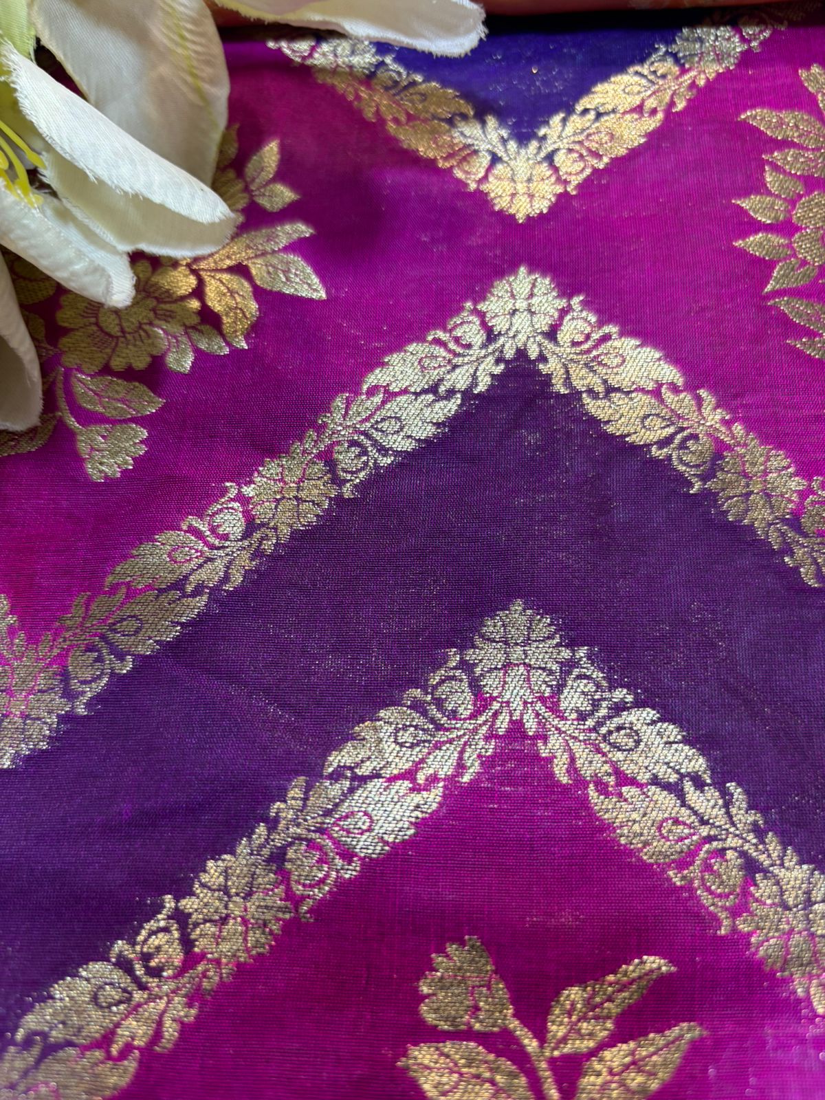 Vibrant Pink & Purple Banarasi Silk Rangkat Fabric - Luxurion World