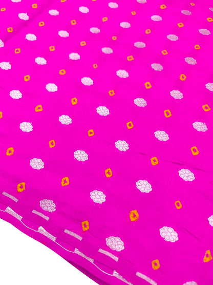 Pink Banarasi Hand Bandhej Pure Chiniya Silk Fabric ( 2.5 Mtr ) - Luxurion World