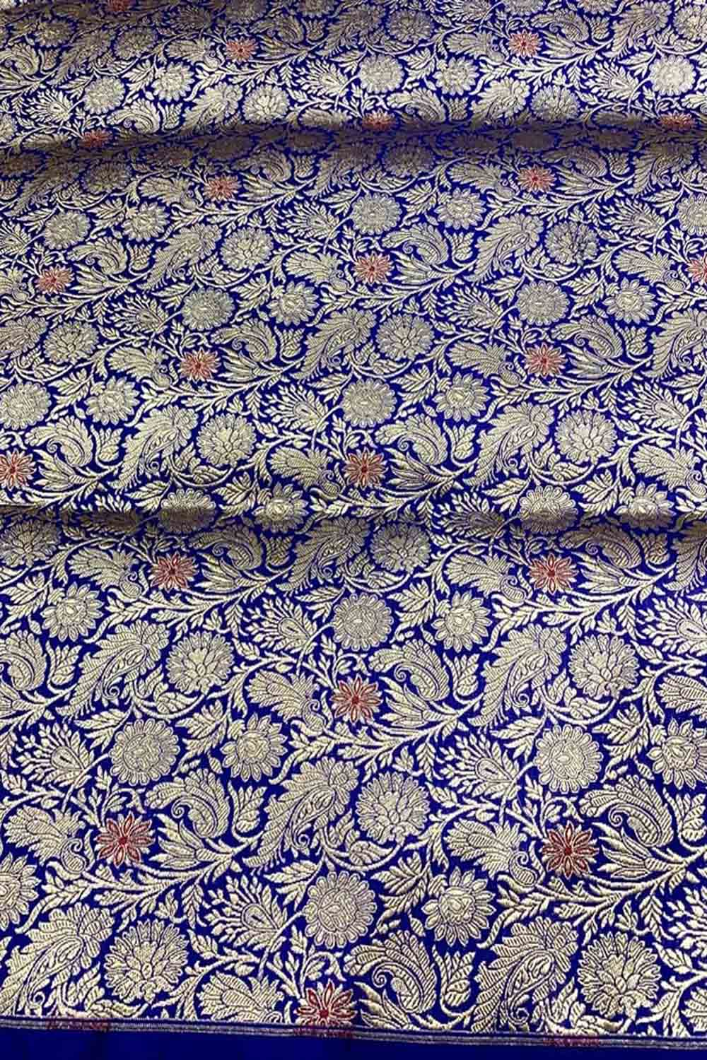 Exquisite Blue Banarasi Meenakari Pure Katan Silk Brocade Fabric ( 5 Mtr ) - Luxurion World